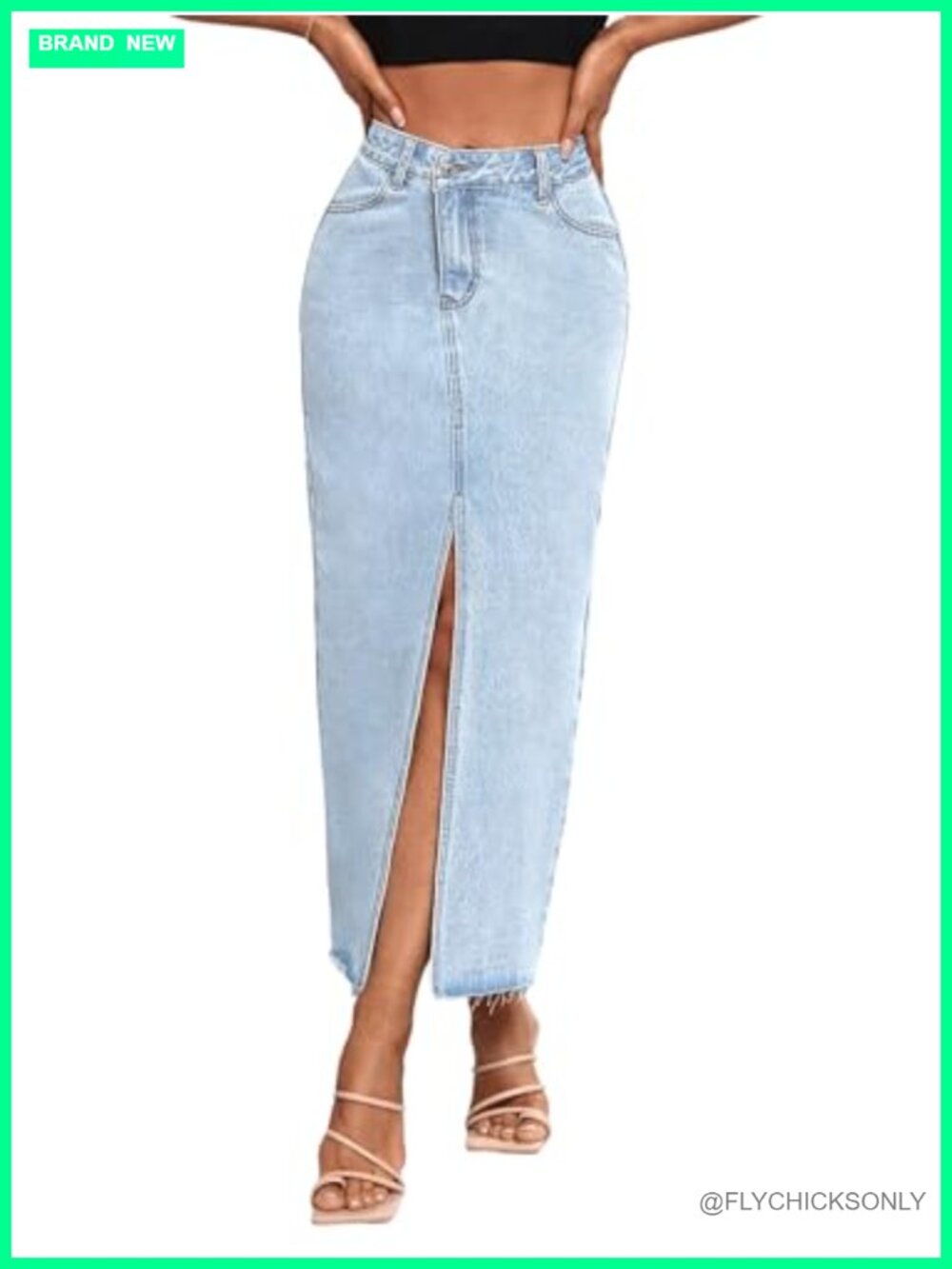 High Waist Stretch Maxi Denim Skirt Front Split Frayed Raw Hem A Line Long Jean